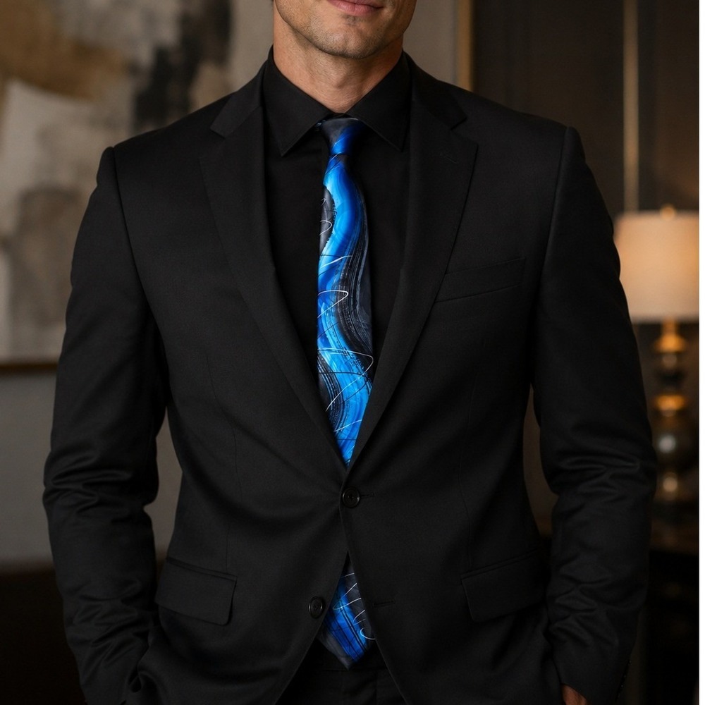 J. Garcia Mens Silk Tie Wetlands II Collection Sixty Blue Black Abstract Art